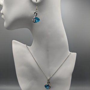18KT White GP Blue Crystal Swan Necklace & Earring